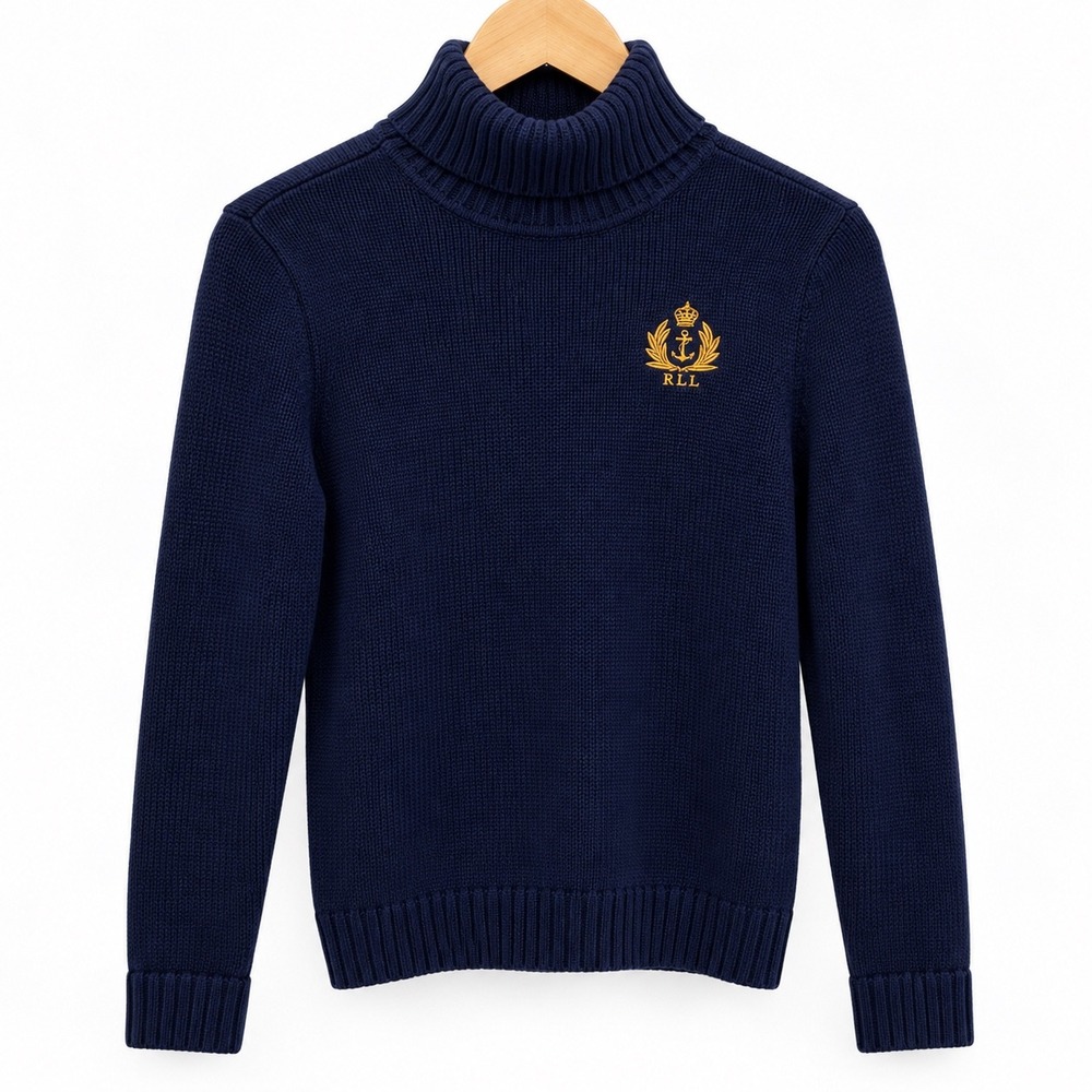 Lauren Ralph Lauren Navy Blue Cotton Turtleneck Sweater Nautical Crest Logo